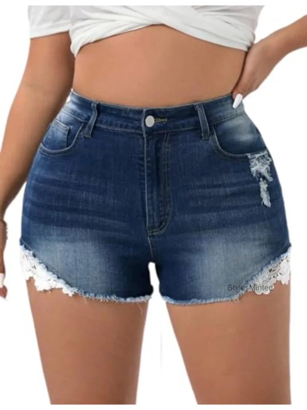 Women's Plus Size High Waisted Stretchy Distressed Denim Shorts with Frayed